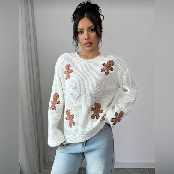 White Sweater with Gingerbread Accents - Picture 4 of 11